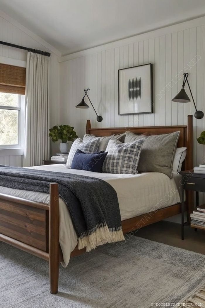 Inviting earth-toned bedroom with wooden bed frame, layered textured bedding, and cozy accents creating a warm, rustic aesthetic.
