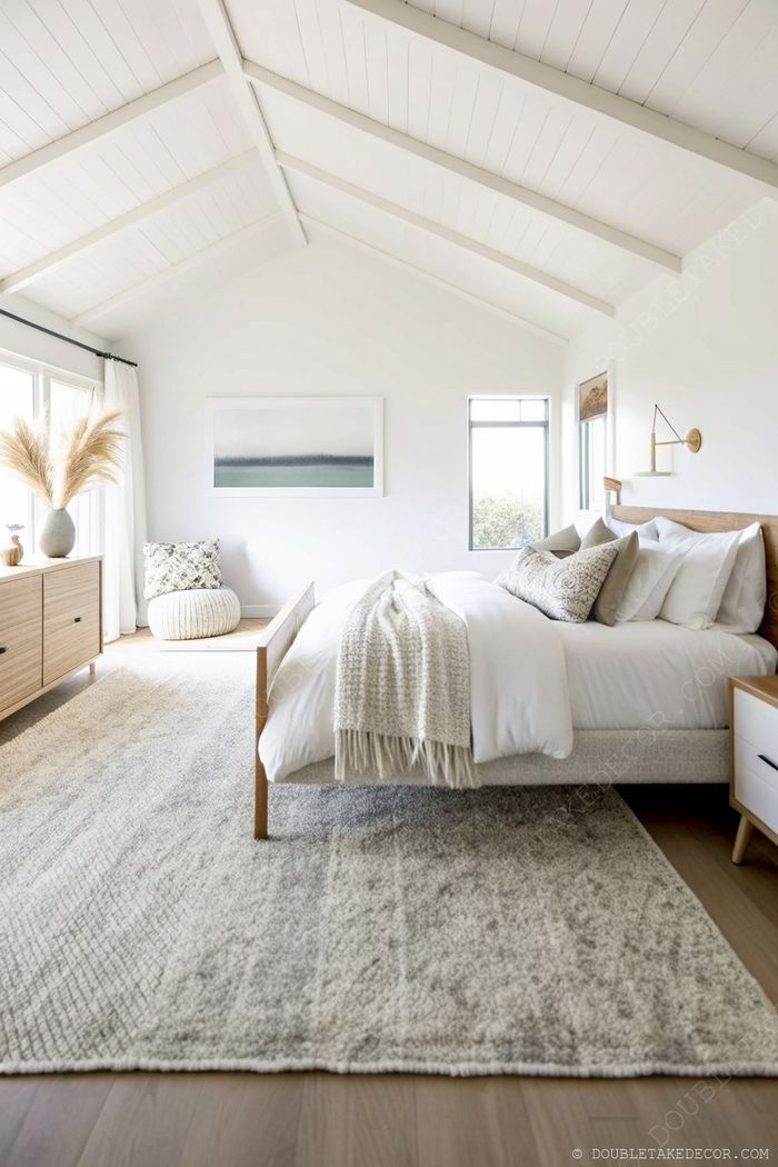 Serene earth tone bedroom with vaulted ceiling, plush white bedding, and wooden accents creating a spacious, calming retreat.