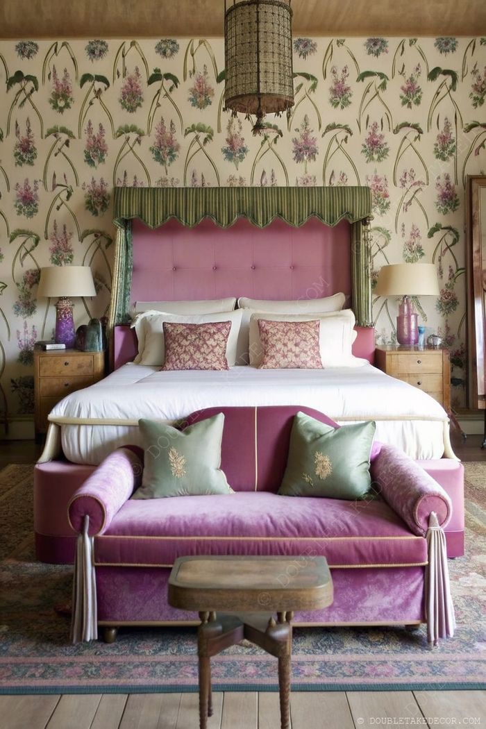 A luxurious bedroom with pink upholstered bed, green accents, floral wallpaper, matching settee, and wooden nightstands creating an elegant earth tone retreat.