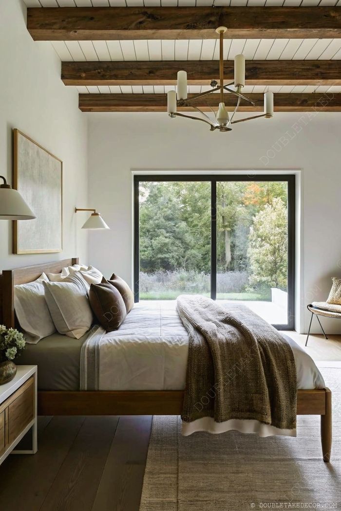 Tranquil bedroom with wooden ceiling beams, natural light, and earth tone bedding creating a modern yet cozy retreat space.
