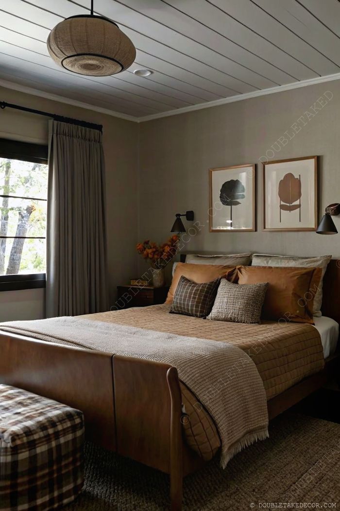 Cozy bedroom with warm earth tones, wooden bed with textured pillows, wall-mounted sconces, abstract art, and natural accents for a serene atmosphere.