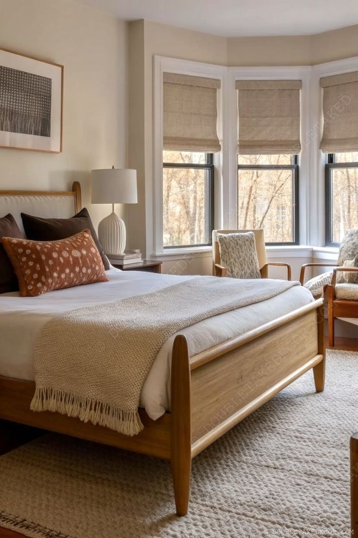 Warm bedroom with wooden bed, rust accent pillows, natural light filtering through Roman shades, and comfortable reading nook with textured neutral furnishings.