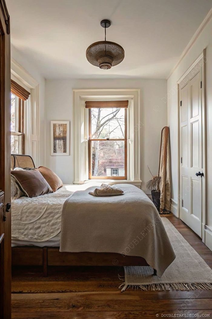 Warm bedroom with woven pendant light, bed with textured white quilt and earth-toned pillows, natural light, and wooden flooring.