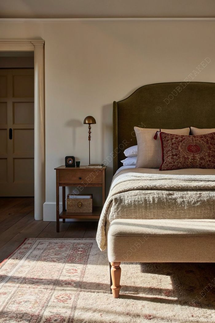 Cozy bedroom with neutral bedding, wooden nightstand, brass lamp, and woven rug in rust, beige, and cream tones bathed in natural light.