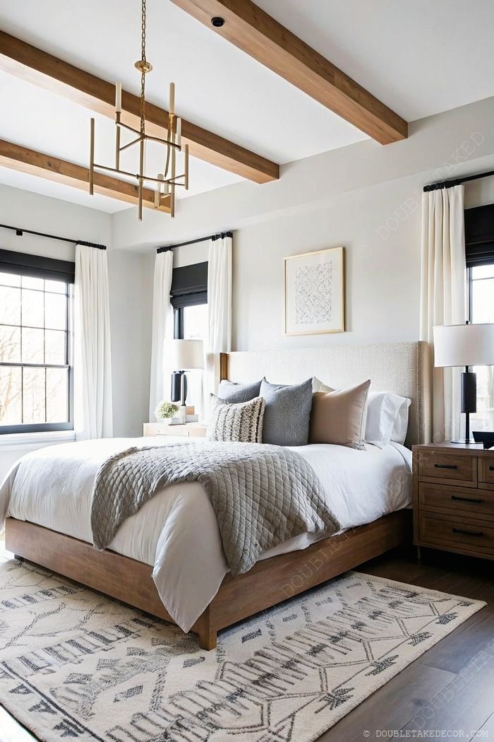 Modern cozy bedroom with earth tones featuring wooden ceiling beams, golden chandelier, and geometric area rug.