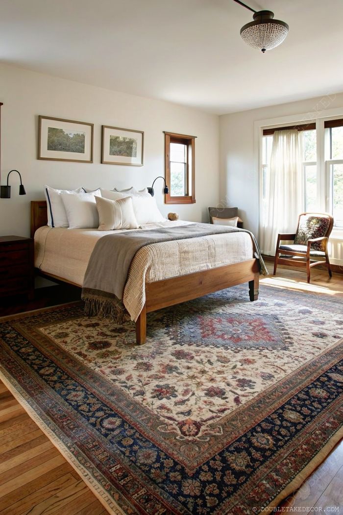 A serene bedroom with wooden bed, neutral bedding, wall sconces, and artistic touches, creating a cozy earth tone sanctuary.