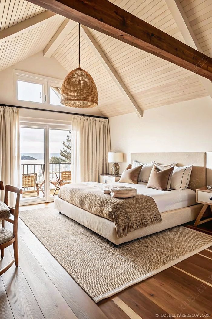 Cozy bedroom with wooden beams, neutral bedding, and natural light flowing through large curtains for an earth-toned sanctuary.