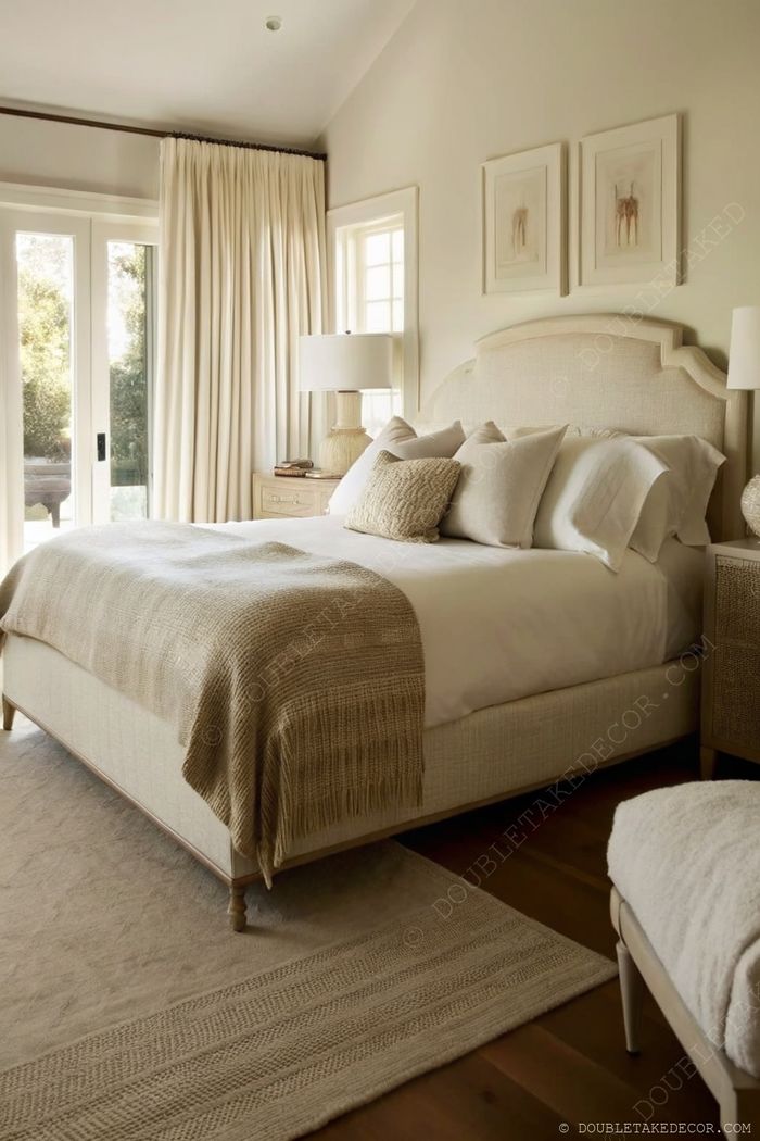 Elegant bedroom with beige upholstered headboard, cream and taupe pillows, wooden floors, and natural light streaming through sheer curtains.