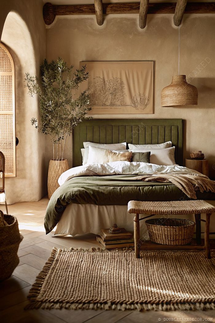 A warm bedroom with deep green headboard, textured neutral bedding, woven pendant light, and an olive tree creating an earthy, inviting atmosphere.