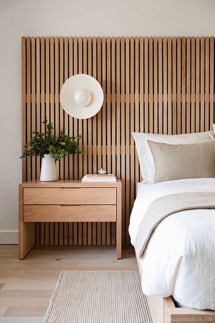 Serene bedroom with wooden slatted headboard, matching bedside table, white wall lamp, and natural greenery in a neutral earth tone palette.