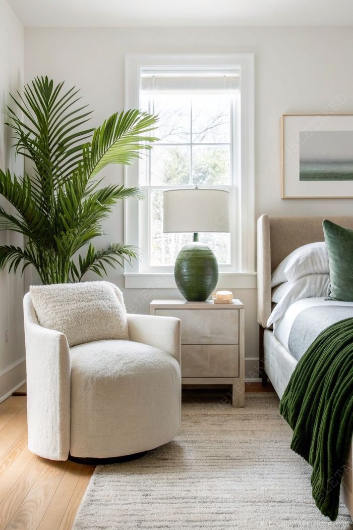 Serene bedroom corner with white swivel chair, green accent lamp, and palm plant, featuring earthy tones and natural textures.