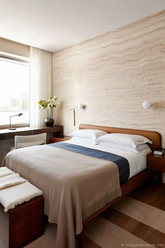 Inviting bedroom with warm neutrals, wooden accents, textured wall, and natural light creating a cozy, serene atmosphere.