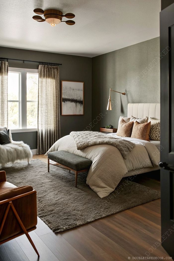 Modern bedroom with deep muted green walls, neutral bedding, white fur armchair, and elegant window treatments creating a tranquil earth tone retreat.