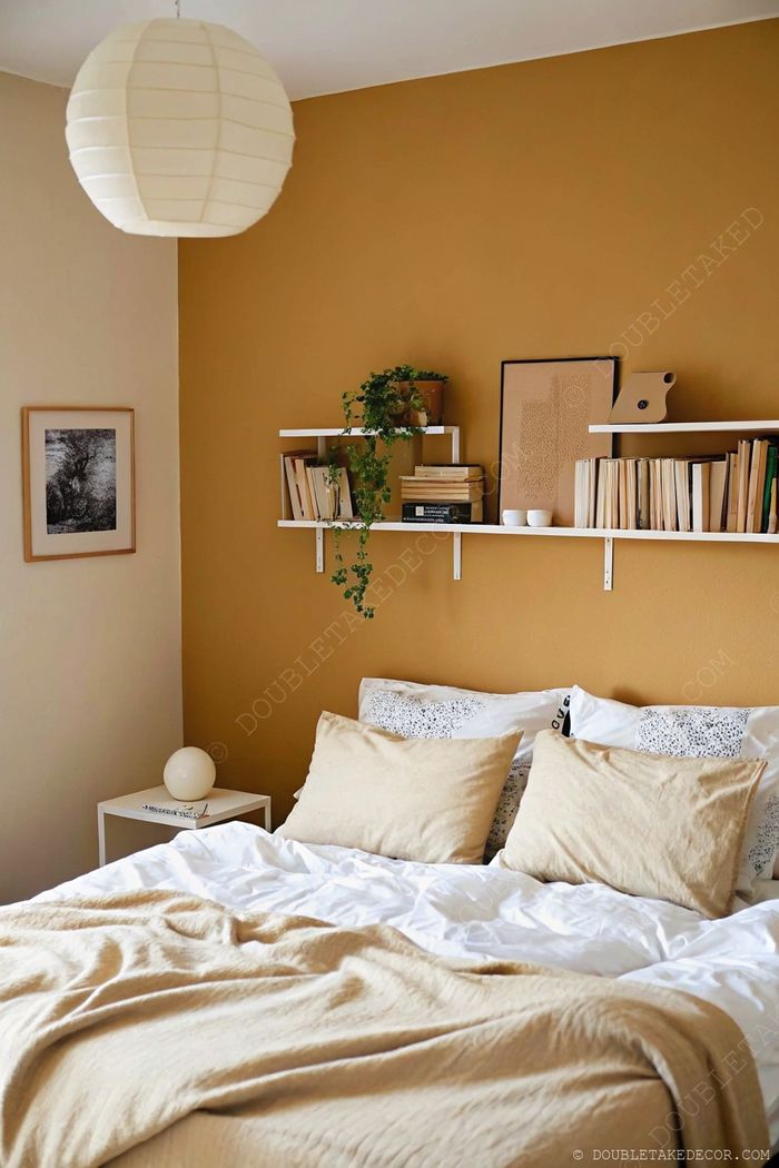 Cozy bedroom with warm mustard wall, beige bedding, minimalist nightstand, and white shelves displaying plants and personal decor.