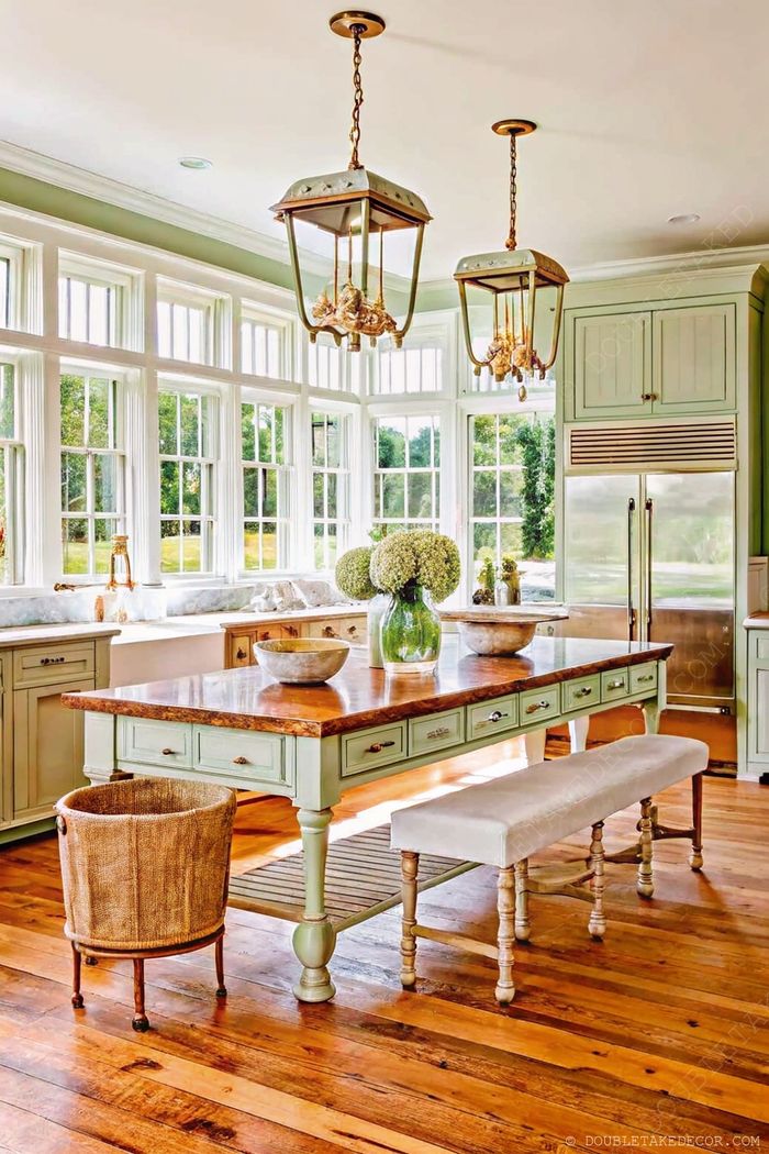 Bright farmhouse kitchen with muted green cabinetry, wooden island, pendant lights, and comfortable seating area bathed in natural light.