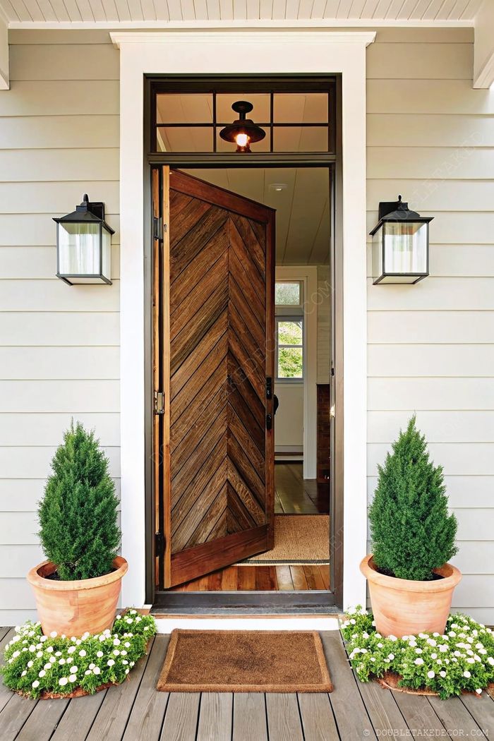 Charming farmhouse entrance with chevron wooden door, black lanterns, and terracotta pots with greenery on a wooden porch.