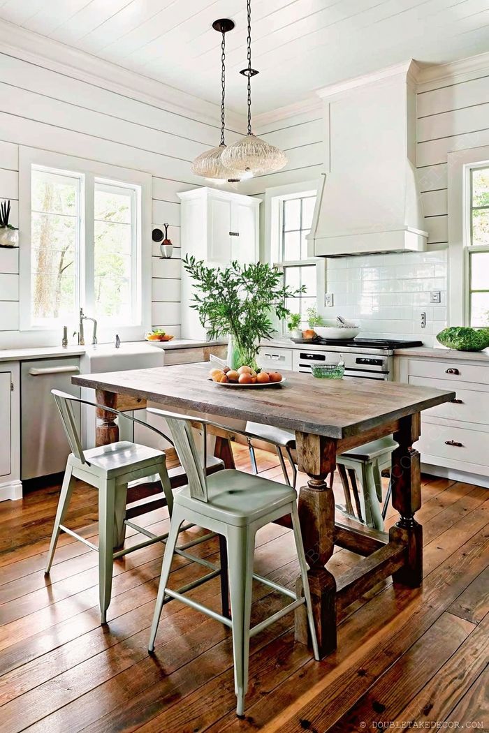 White shiplap kitchen with wooden dining table, light green metal chairs, and natural elements creating a bright, cozy farmhouse atmosphere.