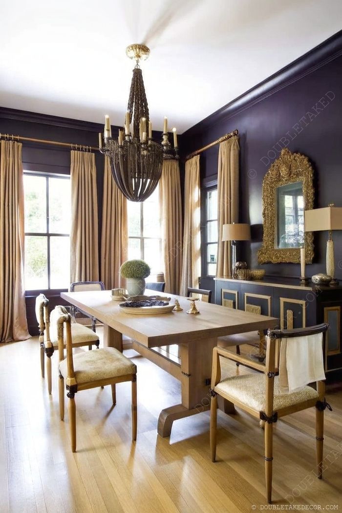 Sophisticated farmhouse dining room with dark walls, wooden table, beaded chandelier, and stylish decor elements creating an inviting atmosphere.