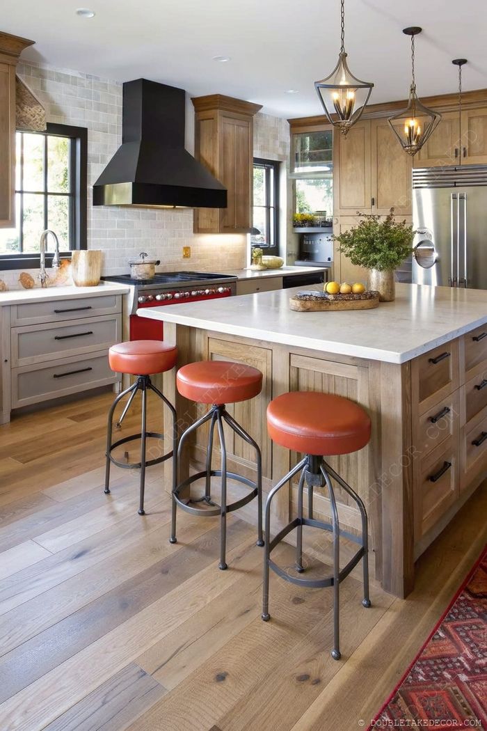 Warm kitchen with wooden cabinetry, light countertops, orange bar stools, and pendant lights above a central island