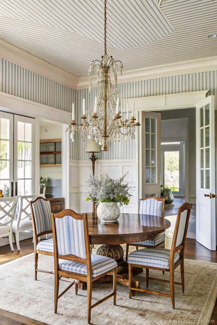 Round wooden table with blue-striped chairs under crystal chandelier, creating a serene farmhouse dining space.