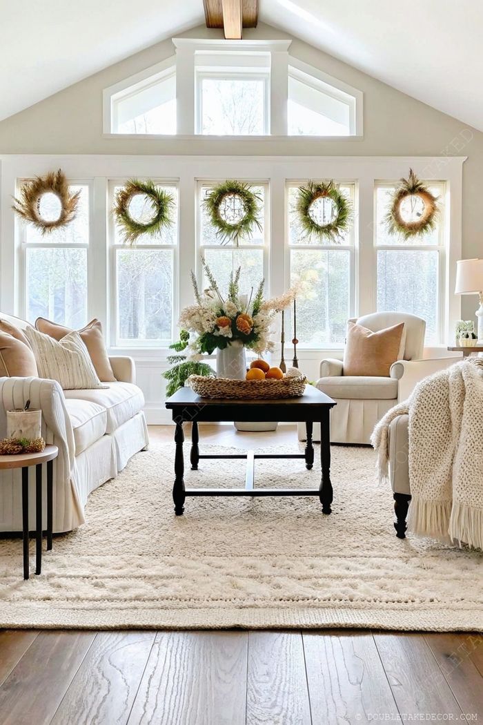Cozy farmhouse living room with natural light, wreaths on windows, textured sofa, and a black coffee table with seasonal citrus display.