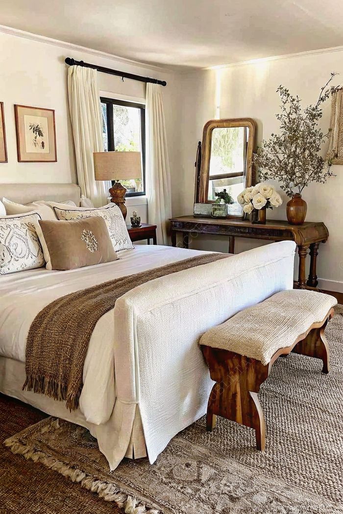 Elegant farmhouse bedroom with white duvet, wooden bench, textured rug, and natural decor elements in warm neutral tones.