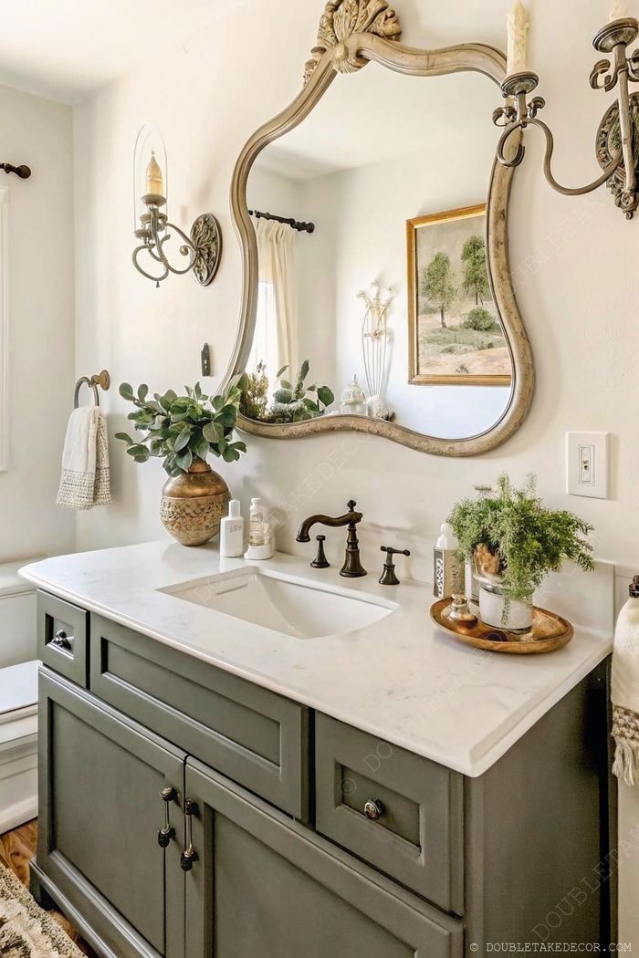 Farmhouse bathroom featuring dark green vanity with marble top, gold-framed mirror, and nature-inspired decor elements.