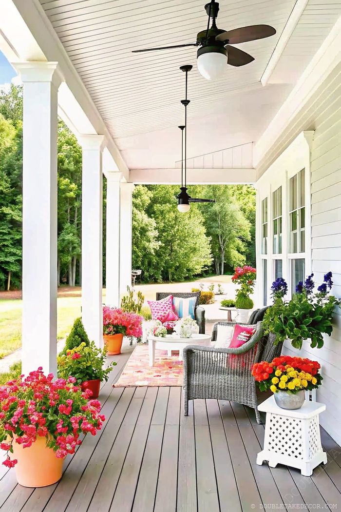 Cozy farmhouse porch with white columns, wicker chairs, colorful flower pots, and decorative pillows creating a charming outdoor living space.