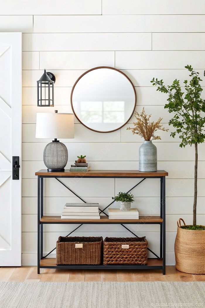 Farmhouse entryway featuring wooden console table with black metal accents, round mirror, woven baskets, and potted plants against white shiplap walls.