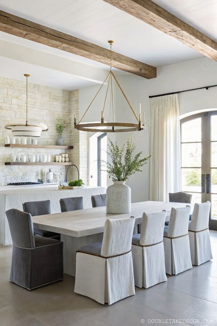Bright dining area with light wood table, gray and white chairs, brass chandelier, and stone accent wall with open shelving.