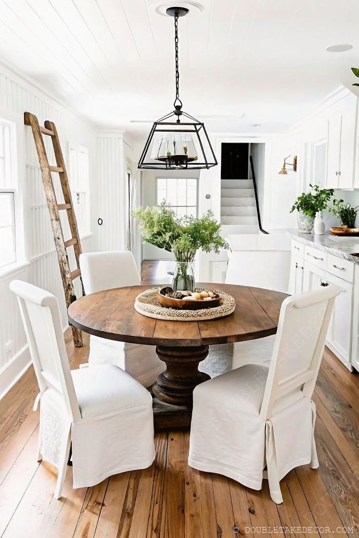 Elegant round wooden farmhouse table with white slipcovered chairs, woven centerpiece, and geometric pendant light in a bright dining area.