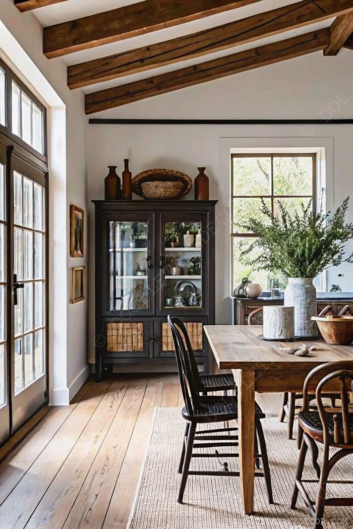 Elegant farmhouse dining area with exposed beams, wooden table, mixed seating, and decorative cabinet under natural light.