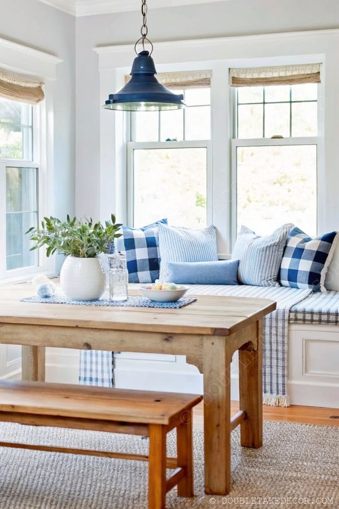Cozy breakfast nook with rustic wooden table, matching bench, blue pendant light, and window seat with patterned pillows.