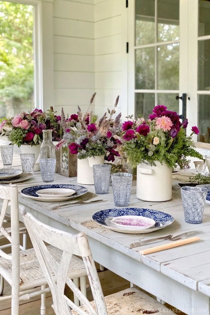 Beautifully arranged whitewashed farmhouse table with vintage floral centerpieces, blue and white plates, and wooden utensils in natural light