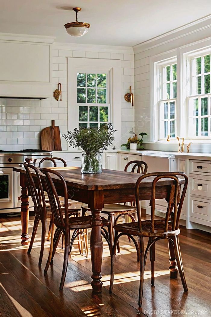 Cozy kitchen dining area with dark wooden farmhouse table, bentwood chairs, and fresh herbs in a sunlit space with white subway tile.