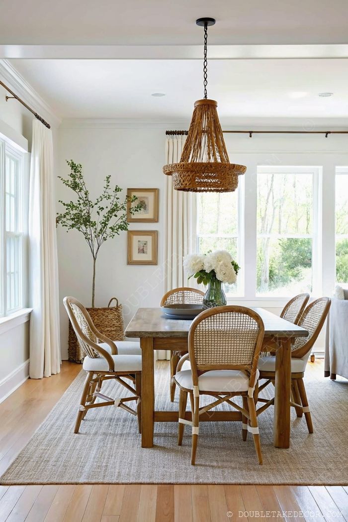 Warm wooden dining table with rattan chairs, woven pendant light, natural lighting, and greenery creating a cozy farmhouse atmosphere.