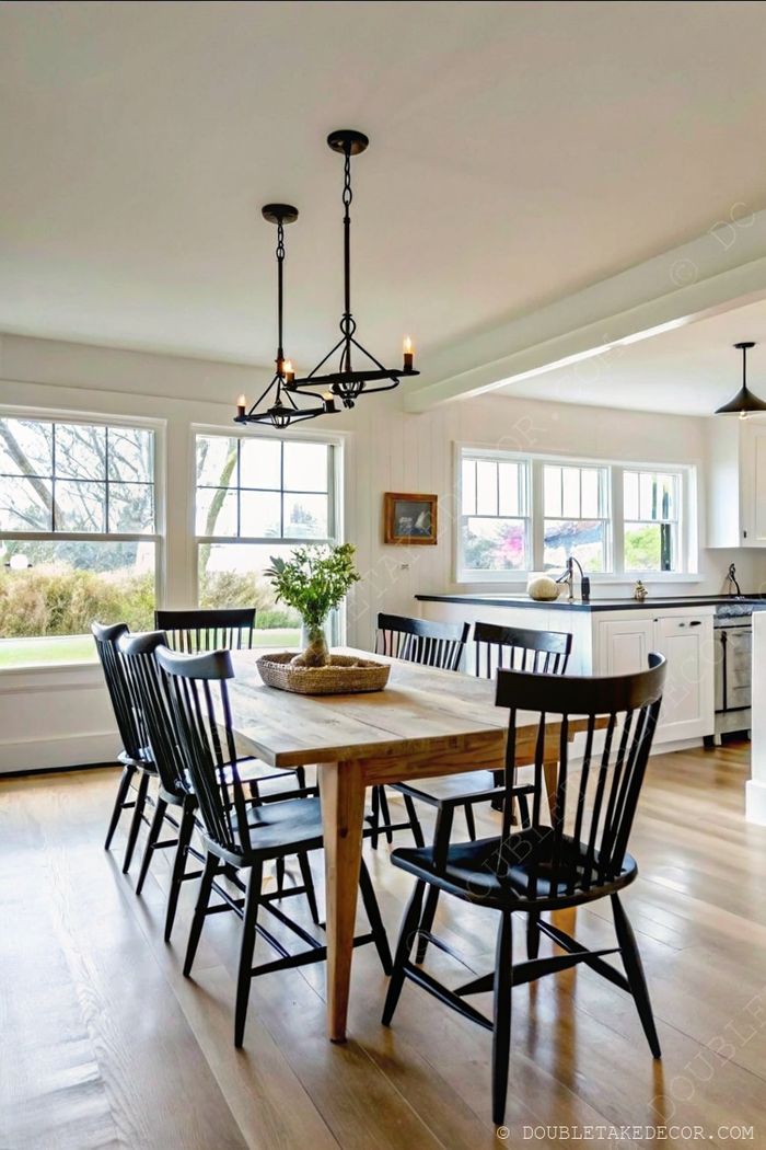 A natural wooden farmhouse table with black spindle chairs, woven basket centerpiece, and black chandelier in a bright, airy dining space.