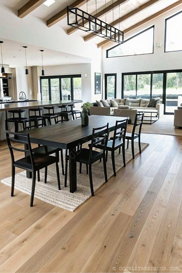 Modern dining area featuring a dark wooden farmhouse table with black chairs on a textured rug, surrounded by natural light and exposed beams.