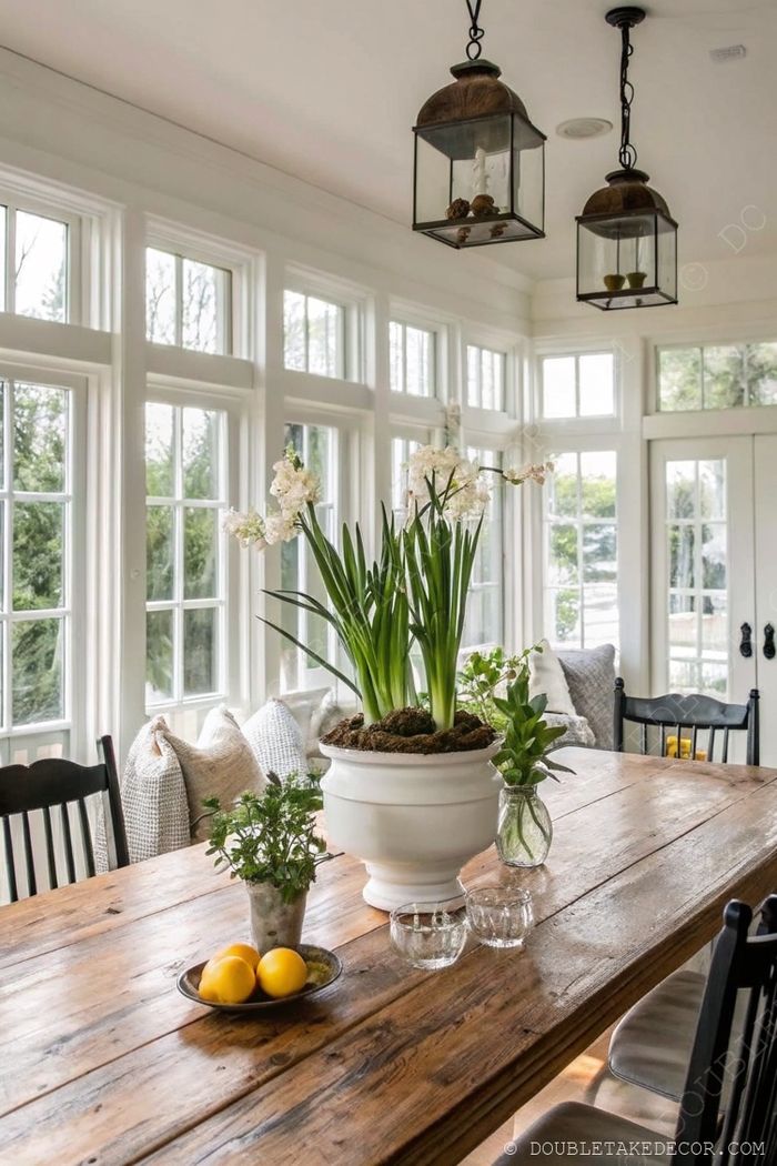Rustic wooden farmhouse table with plants, white flowers, and herbs near large windows, featuring black chairs with light cushions and hanging lantern lights.