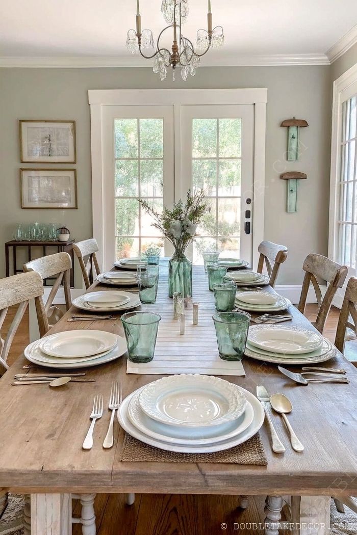 Dining room with rustic wooden table, vintage chairs, and layered place settings, complemented by green glassware and fresh floral centerpiece.