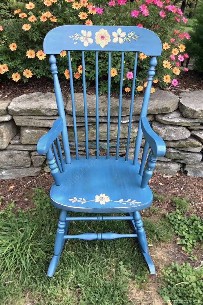 Knallblauer Schaukelstuhl mit gelben und weißen Blumenmustern, aufgestellt vor Natursteinen und bunten Gartenblumen