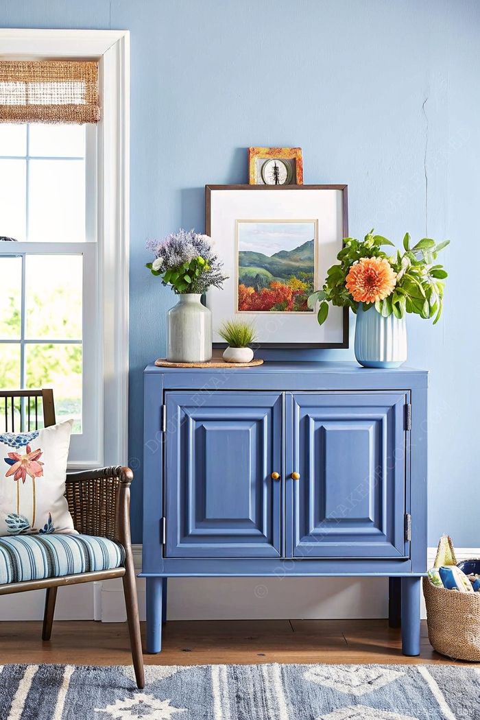 Gemütlicher Raum mit kräftig blauem Schrank auf schlanken Füßen, dekoriert mit Blumen und Pflanzen, darüber ein Landschaftsbild.