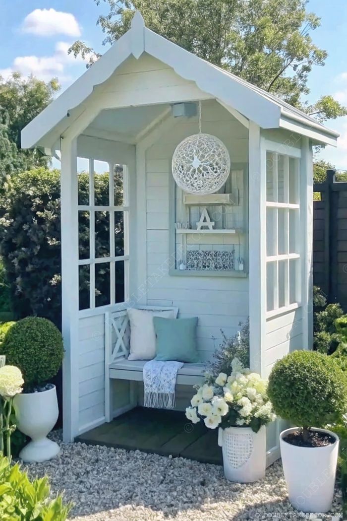 Tonnelle calme avec grandes fenêtres, banc en bois, coussins moelleux, étagère déco et plantes taillées, le tout entouré de fleurs.