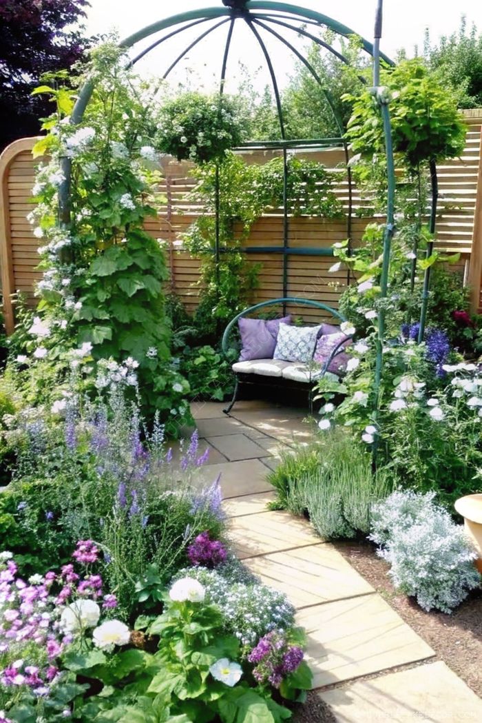 Petit coin cosy dans le jardin avec banc en métal courbé, coussins, fleurs multicolores et arche élégante couverte de plantes.