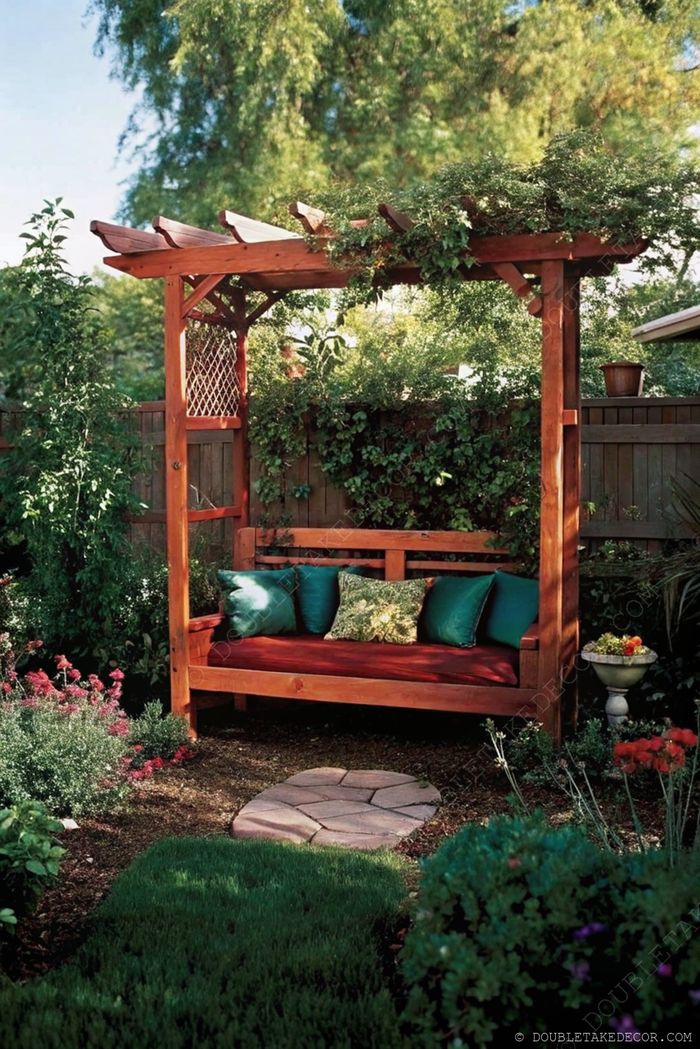 Pergola en bois avec banc bleu-vert, fleurs colorées, ambiance paisible et allée en pierre.