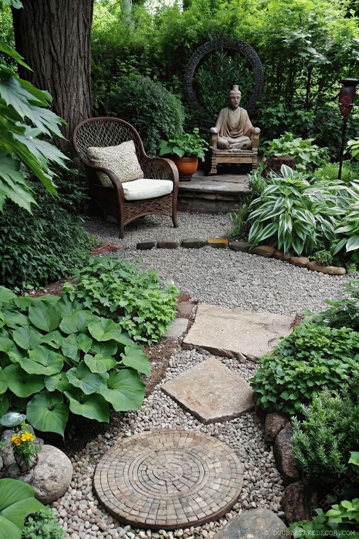 Petit coin zen dans le jardin avec allée en gravier, marches en pierre, fauteuil en osier et statue méditative au cœur d’une végétation luxuriante.