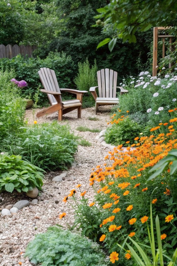 Chaises Adirondack en bois sur chemin de gravier, entourées de verdure et de soucis orange pour un espace paisible.