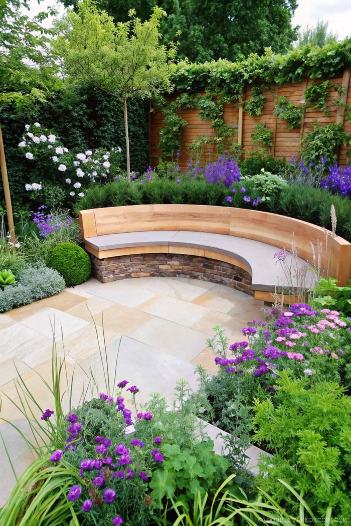 Banc en bois courbé sur base en pierre, entouré de fleurs violettes et roses dans un jardin paysager avec dalles en pierre.