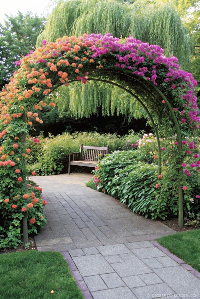 Arche fleurie menant à un banc en bois rustique le long d’un chemin de pierre, entouré de fleurs aux couleurs vives dans un jardin serein.