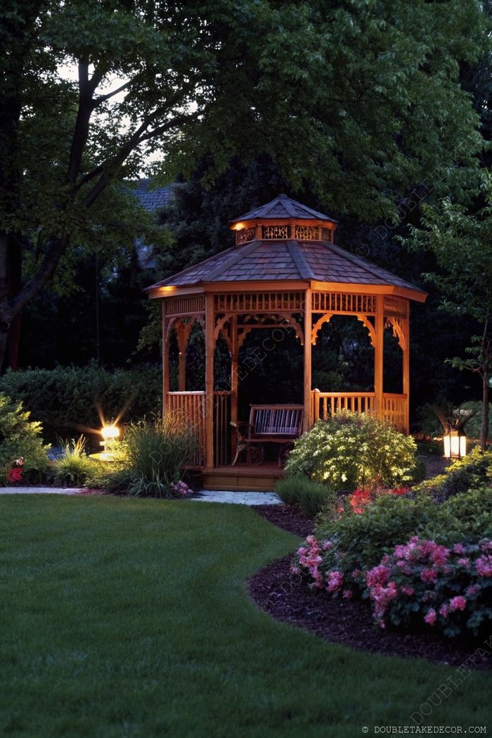 Tonnelle en bois avec détails ajourés, toit en tuiles et lumière douce, entourée de fleurs dans le jardin.